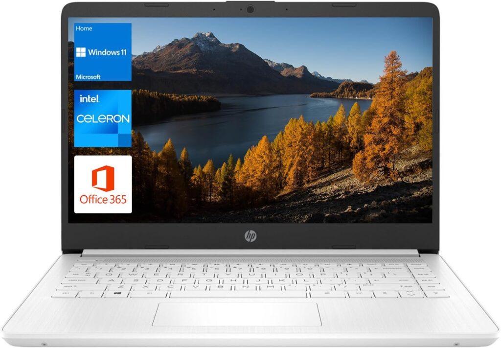 HP Portable Laptop, Student and Business, 14 HD Display, Intel Quad-Core N4120, 16GB DDR4 RAM, 64GB eMMC, 1 Year Office 365, Webcam, SD Card Reader, HDMI, Wi-Fi, Windows 11 Home, White, KKE Mousepad
