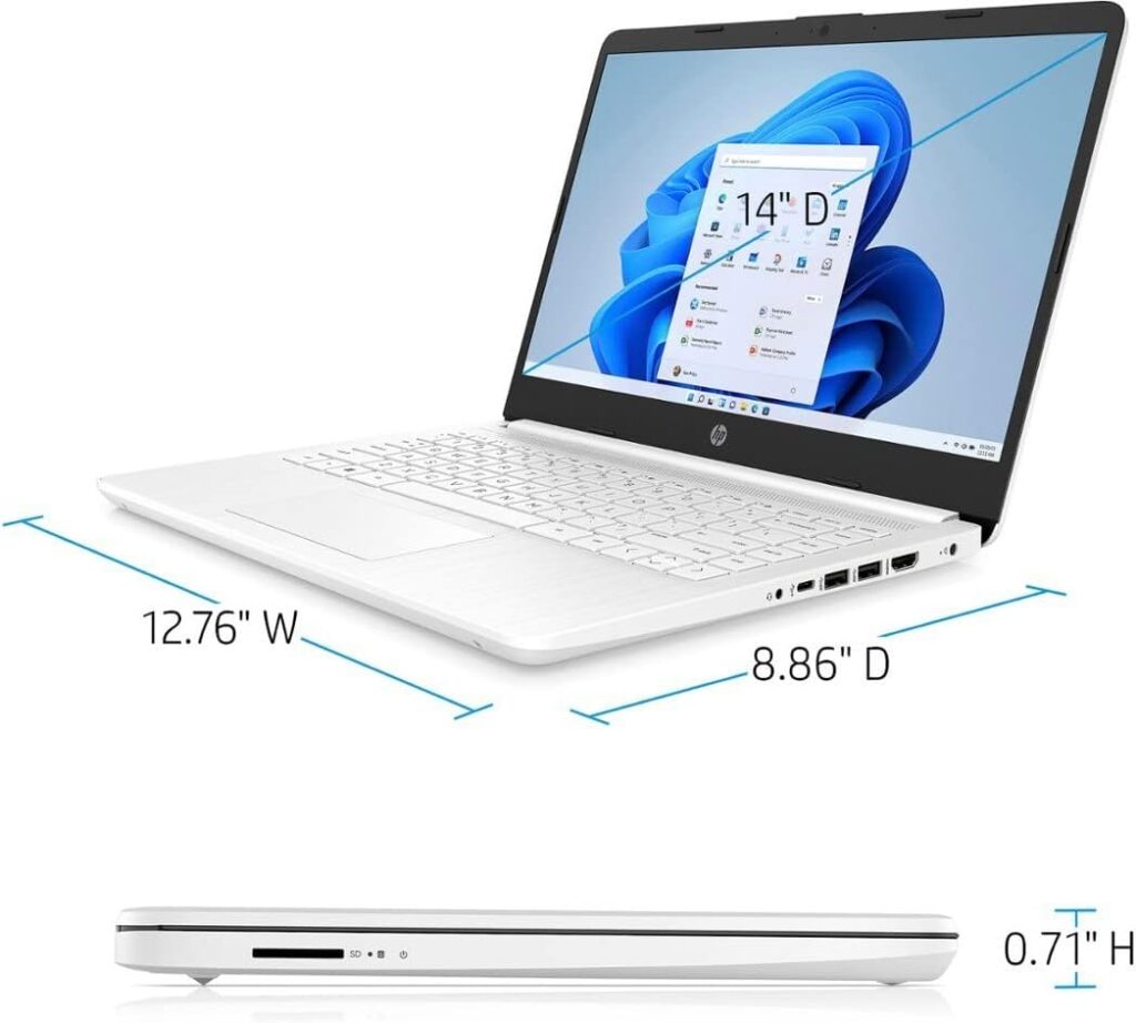 HP Portable Laptop, Student and Business, 14 HD Display, Intel Quad-Core N4120, 16GB DDR4 RAM, 64GB eMMC, 1 Year Office 365, Webcam, SD Card Reader, HDMI, Wi-Fi, Windows 11 Home, White, KKE Mousepad