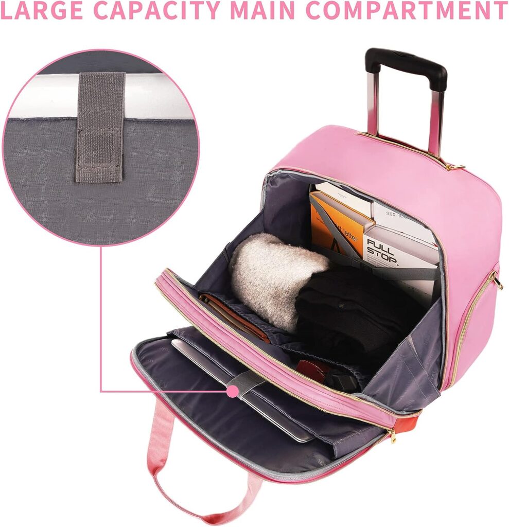 Rolling Briefcase for Women, Large Rolling Laptop Bag with Wheels Fits 17 Inch Notebook Gifts for Office Women, Water Resistance Teacher Work Computer Travel Carry on Weekender Bags on Wheel, Pink