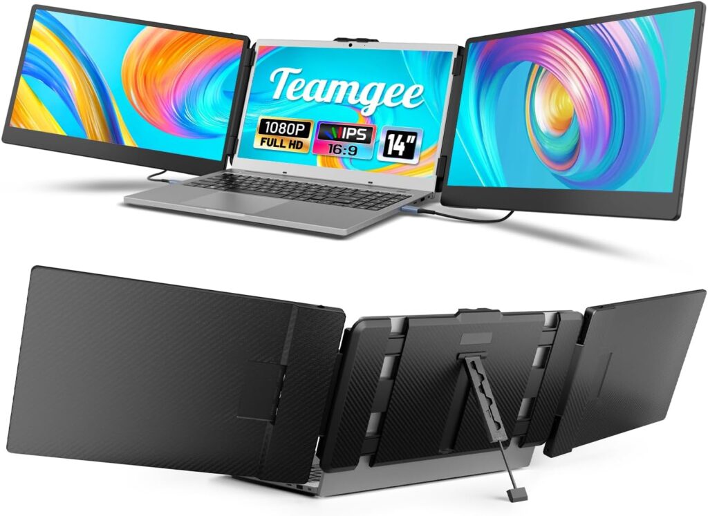 Teamgee Portable Monitor for Laptop, 14” FHD 1080P IPS Laptop Screen Extender with Build-in Stand/Dual Speakers, HDMI/USB-A/Type-C Plug and Play Display for 13”-17” Laptops (Mac, Wins, Android, Dex)