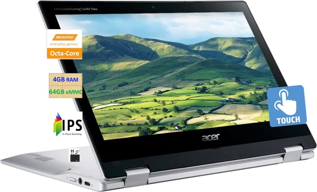 Acer 2023 Newest X360 Chromebook Spin 2-in-1 Convertible Laptop Student Business,8-Core MediaTek MT8183C Processor,11.6‘ HD Touch IPS,4GB RAM,64GB eMMC,WiFi 5,Chrome OS+MarXSolCables,Pure Silver