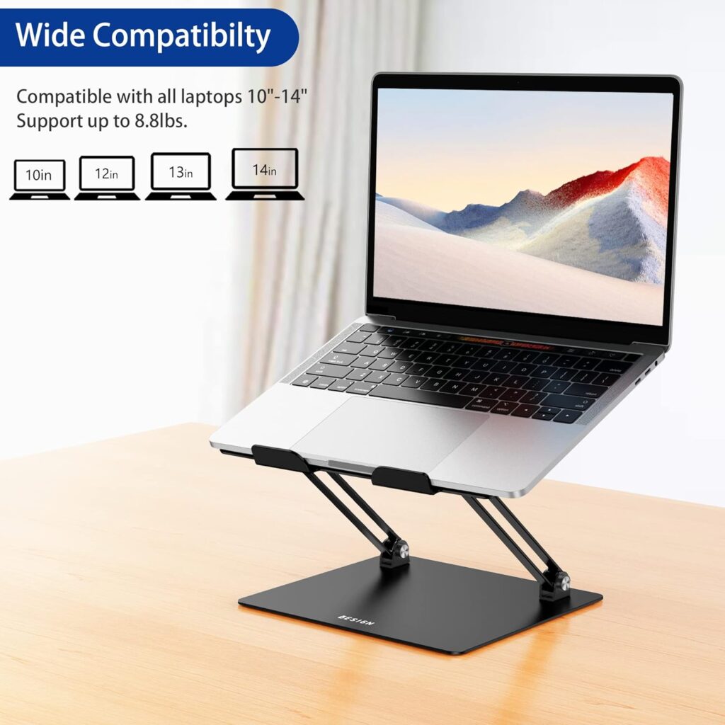 BESIGN LS10 Aluminum Laptop Stand, Ergonomic Adjustable Notebook Riser Holder Computer Stand Compatible with Air, Pro, Dell, HP, Lenovo More 10-14 Laptops, Black