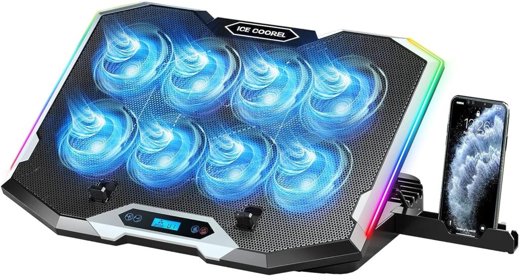 ICE COOREL Gaming Laptop Cooling Pad with 8 Cooling Fans, Laptop Cooler Stand with 6 Height Adjustable, RGB Cooling Pad 15-17.3 Inch for Laptop with Two USB Port + Phone Stand
