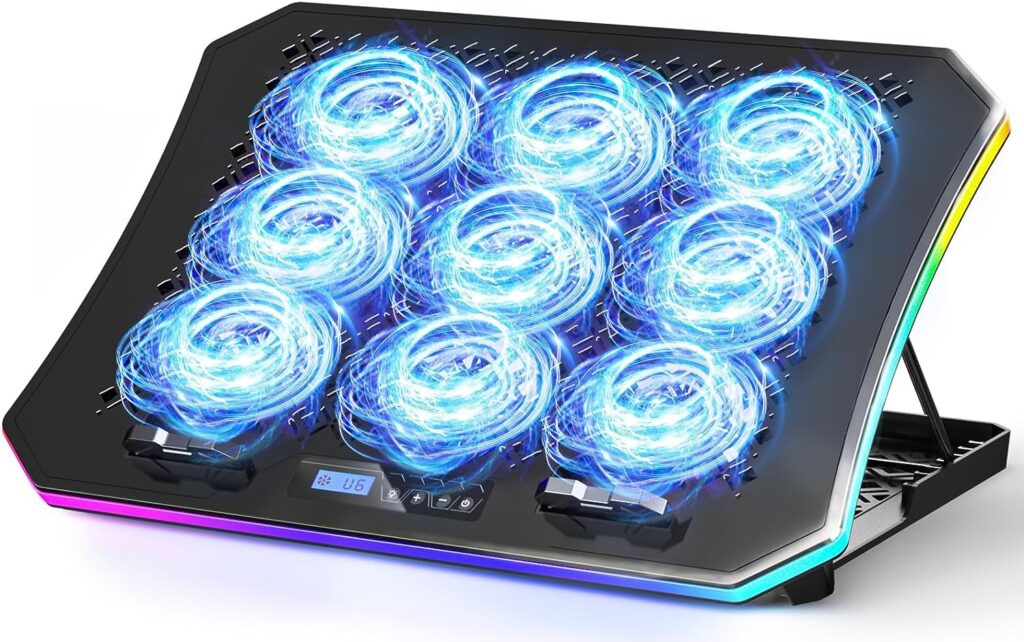 KeiBn Upgraded Laptop Cooling Pad, Gaming Laptop Fan Cooling Pad with 9 Quiet Fans, RGB Laptop Cooler for 15.6-17.3 Inch, Cooling Pad for Laptop with 7 Height Stands, 2 USB Ports, Phone Stand-Blue