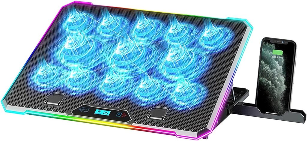 KYOLLY RGB Laptop Cooling Pad Gaming Laptop Cooler, Laptop Fan Cooling Stand with 13 Quiet Cooling Fans for 15.6-17.3 inch laptops, 9 Height Stand, LED Lights  LCD Screen, 2 USB Ports, Lap Desk Use