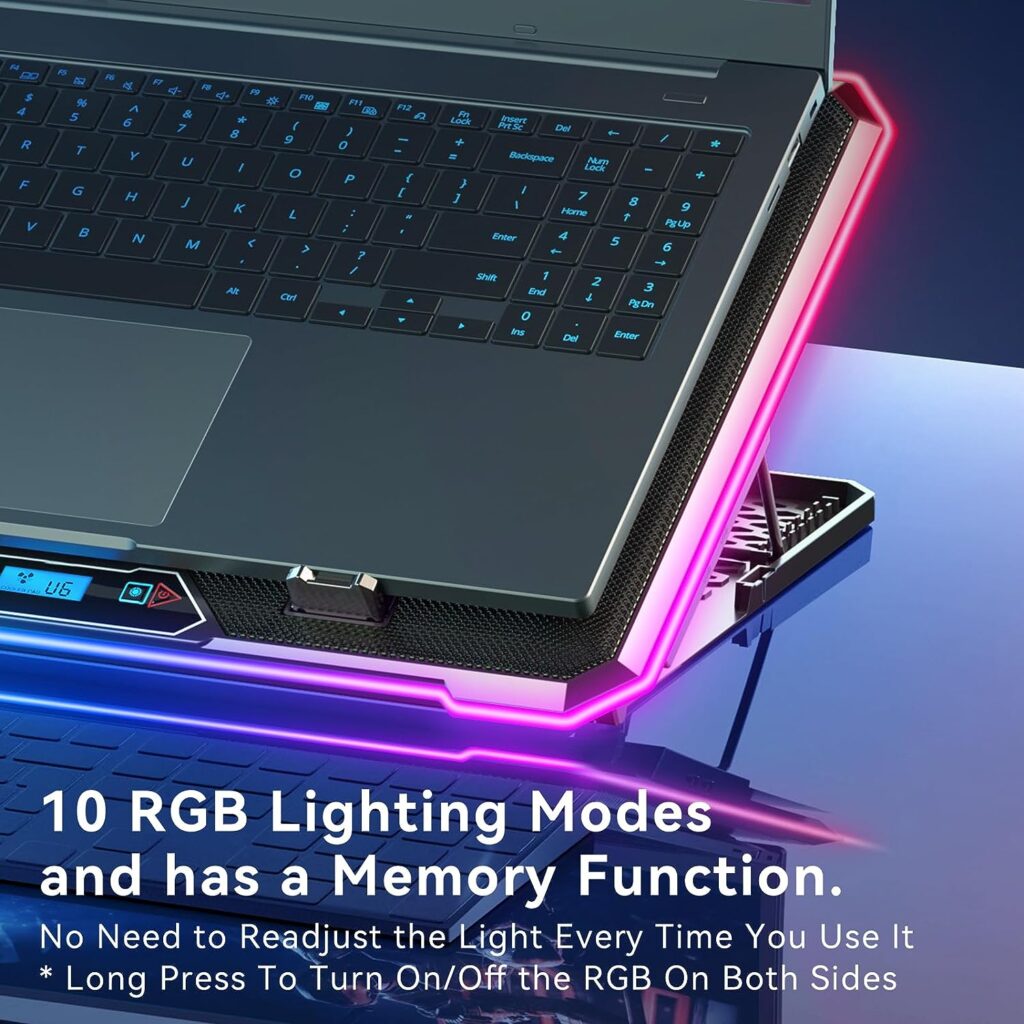 KYOLLY RGB Laptop Cooling Pad Gaming Laptop Cooler, Laptop Fan Cooling Stand with 13 Quiet Cooling Fans for 15.6-17.3 inch laptops, 9 Height Stand, LED Lights  LCD Screen, 2 USB Ports, Lap Desk Use