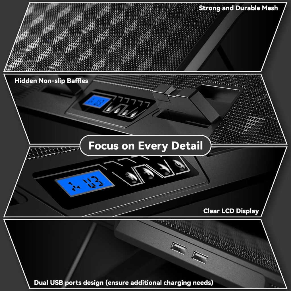 Laptop Cooling Pad, Laptop Cooler Gaming Laptop Cooling Fan, Laptop Cooling Stand for 15.6-17.3 Inches with 4 Adjustable Heights, RGB Lights, 5 Quiet Fans  2 USB Ports