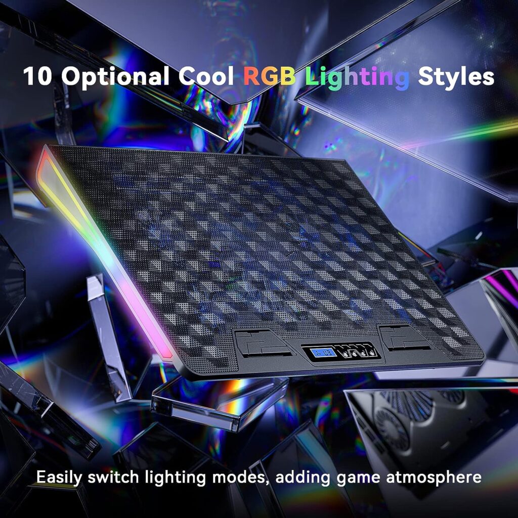 Laptop Cooling Pad, Laptop Cooler Gaming Laptop Cooling Fan, Laptop Cooling Stand for 15.6-17.3 Inches with 4 Adjustable Heights, RGB Lights, 5 Quiet Fans  2 USB Ports
