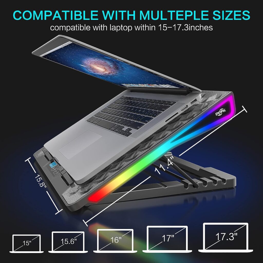 PPFK Laptop Fan Cooling Pad, RGB Laptop Cooler Pad with 5 Cooling Fans, Cooling Pad for Gaming Laptop 15-17.3 Inch, Laptop Cooling Stand with 5 Height Adjustable, 10 Modes Light  2 USB Ports