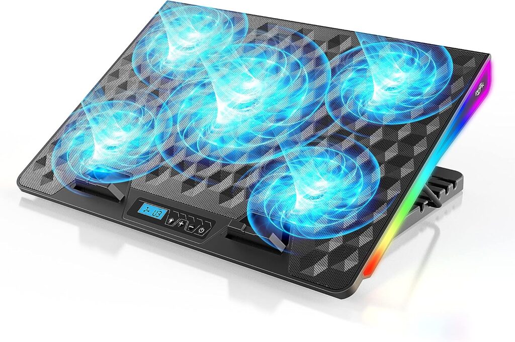 PPFK Laptop Fan Cooling Pad, RGB Laptop Cooler Pad with 5 Cooling Fans, Cooling Pad for Gaming Laptop 15-17.3 Inch, Laptop Cooling Stand with 5 Height Adjustable, 10 Modes Light  2 USB Ports