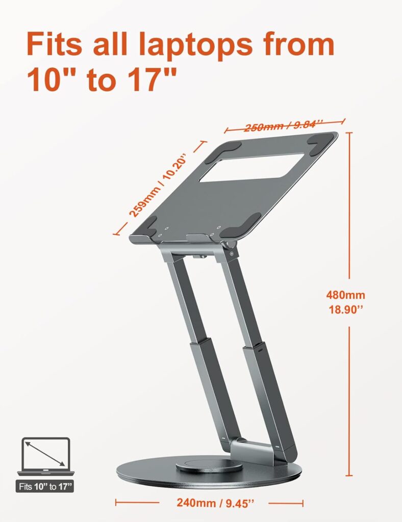 tounee Ergonomic Laptop Stand for Desk with 360° Swivel Base, Sit to Stand, Height Adjustable, Portable Riser Holder for Good Posture, Compatible with MacBook Pro, All Laptops 10-17-Gray